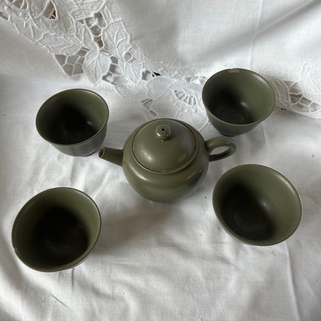 送料無料 明治～大正時代 青備前急須 煎茶道具 明治期 白泥獣口