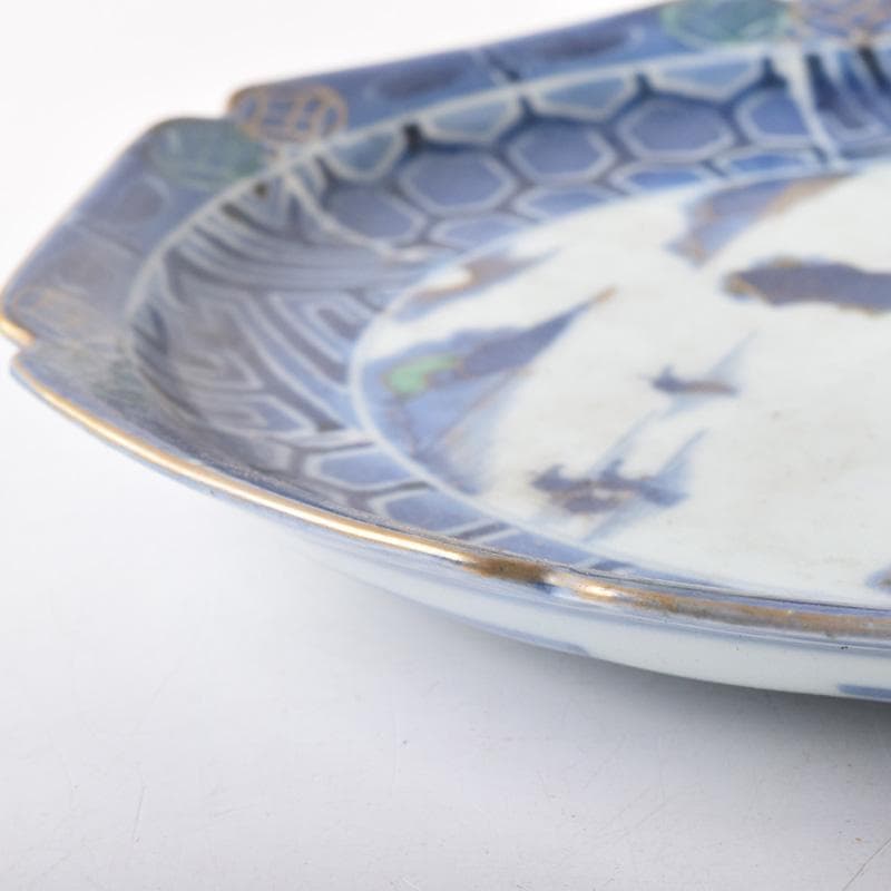 伊万里焼　古伊万里　富長貴春　染付　山水文　輪花皿　時代箱付　C　8264