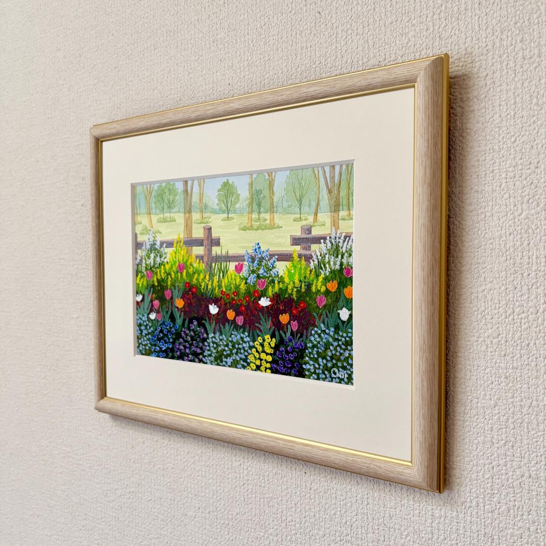アクリル画　原画　「小さな花壇02」額縁付　SMサイズ