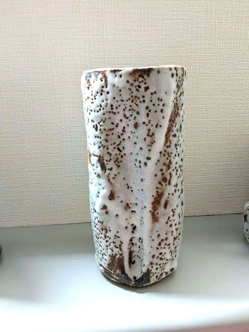 加藤春鼎 鼠志野　円筒花入　花器　花瓶 志野　大型　作家もの