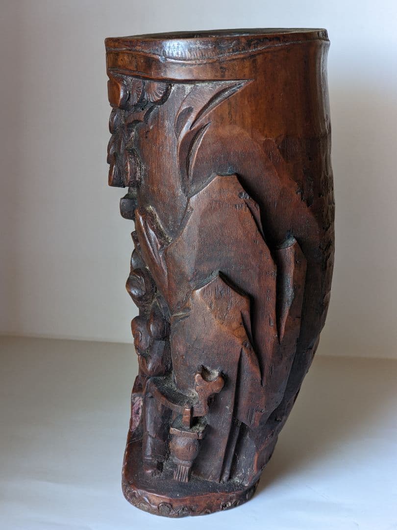 ♢古玩 古美術品 文房四宝 竹根 楼閣山水人物図 筆筒 中国清時代