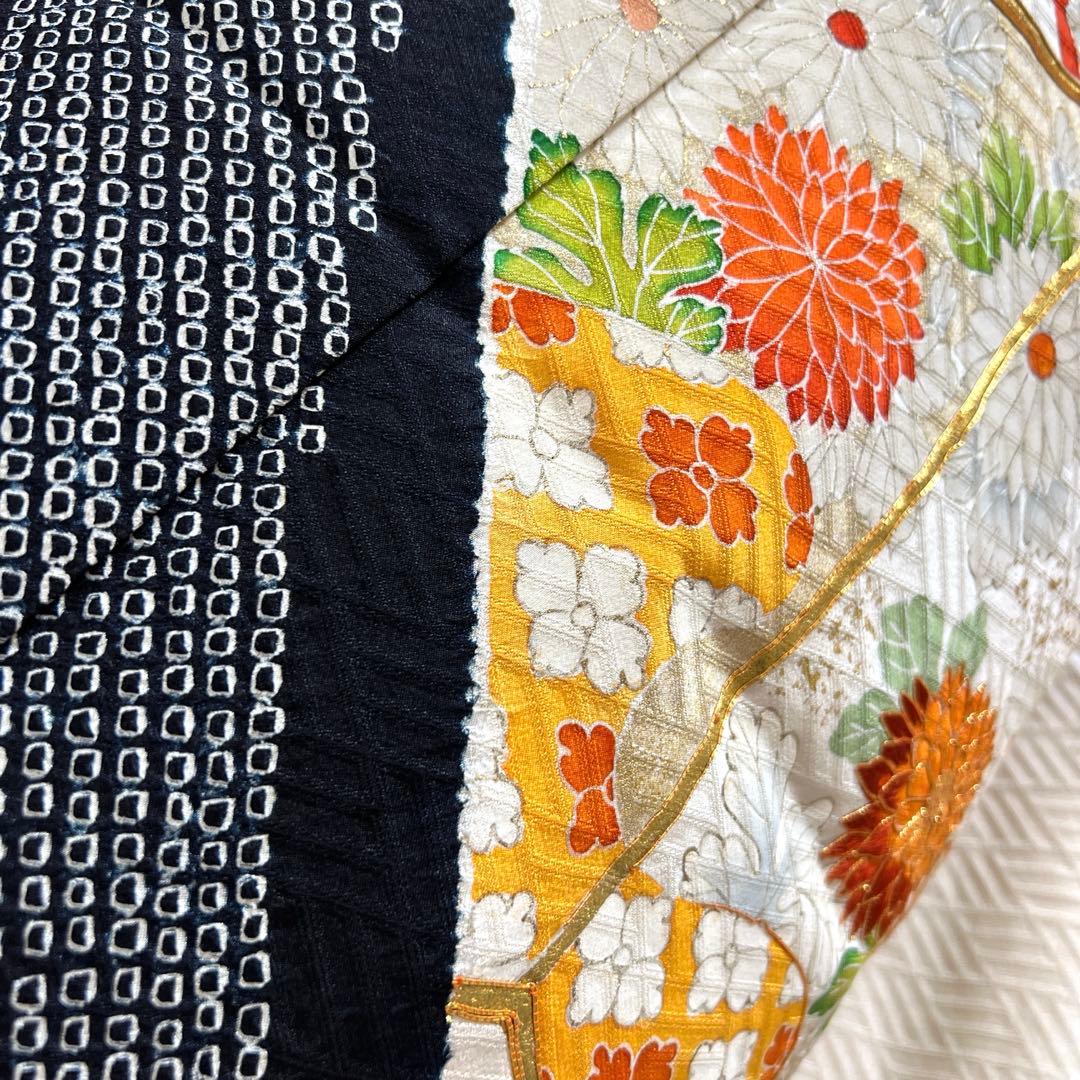 313 振袖フルセット 正絹 黒 橙 絞り 金彩 駒刺繍 刺繍 やや難あり