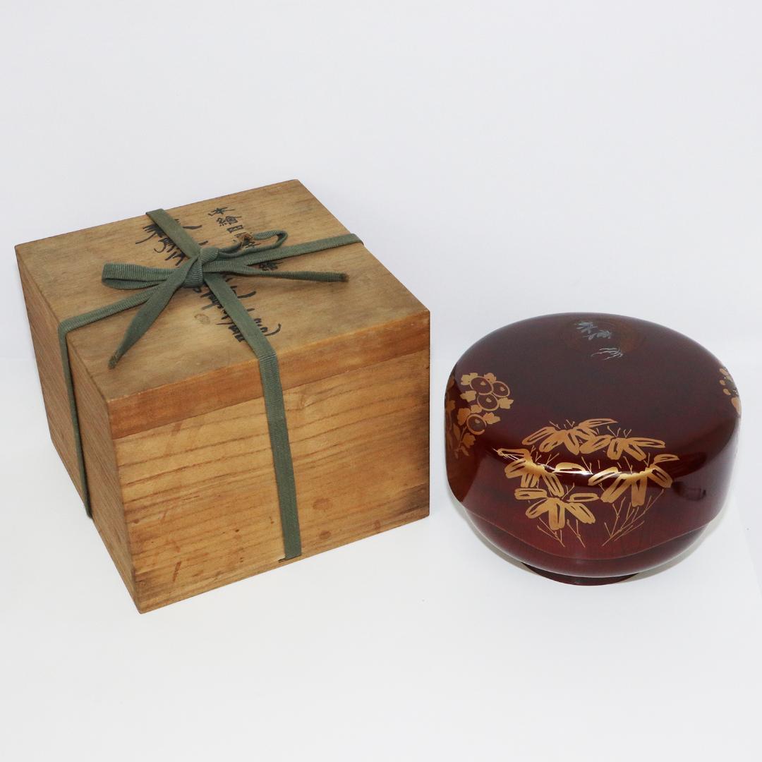 石原抱真 四君子蒔絵 春慶光琳形 菓子器 共箱 石原抱真 四君子蒔絵 春慶光琳形 菓子器 共箱