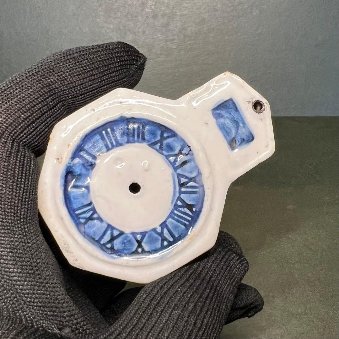 古道具庵々◎明治-大正期 八角形 時計文 水滴◎染付 書道具