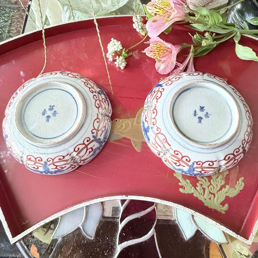 2208様感謝‼️明治27年‼️超絶伊万里錦手　軍配❌瓔珞文　輪花縁小皿5客高橋氏