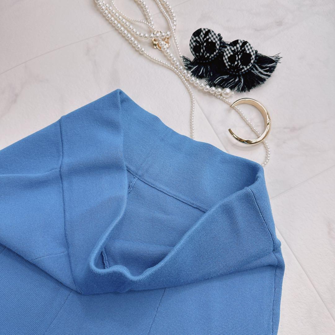 アドーア ドライストレッチ スリット入り ニットワイドパンツ ブルー 38