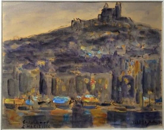 「マルセイユの丘、ノートルダム・ド・ラ・ガルド寺院」 田村孝之助　肉筆　水彩