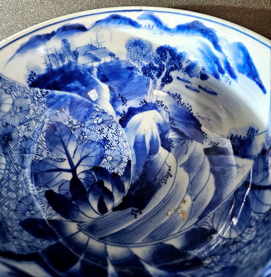 江戸時代末期～明治初期　古伊万里　染付　葉に卍繋ぎ文　大盃洗　高付鉢　コンポート