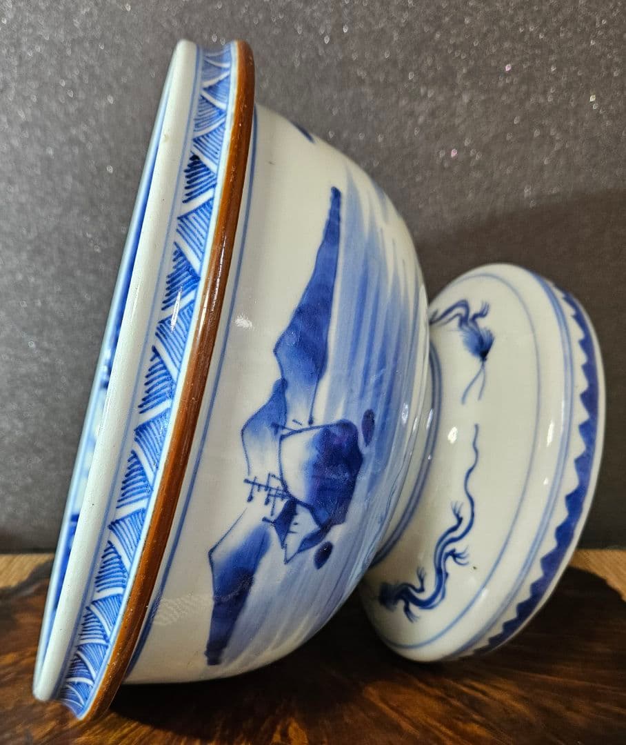 江戸時代末期～明治初期　古伊万里　染付　葉に卍繋ぎ文　大盃洗　高付鉢　コンポート