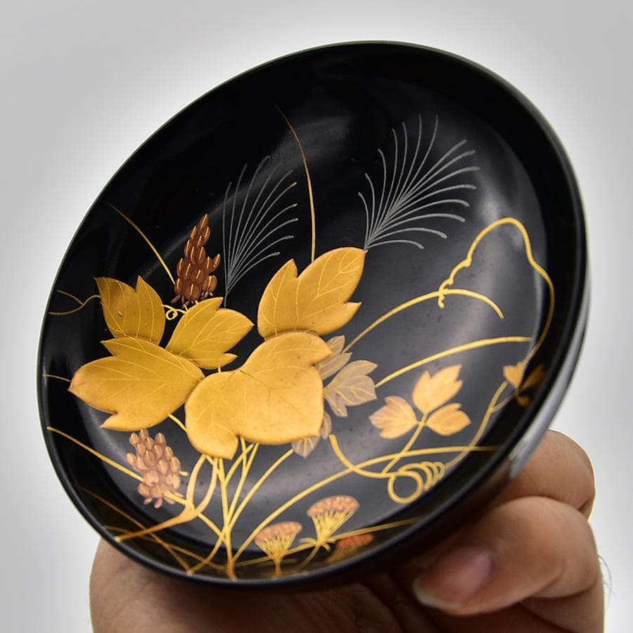 時代年代物 輪島塗 蓋椀 五客 木製黒漆 花草に蝶 金蒔絵 漆器 漆芸 食器