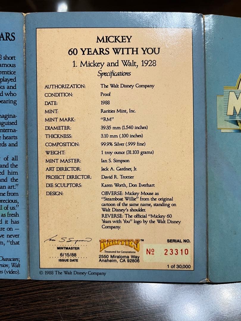 ミッキーマウス60周年記念銀貨1988年製 超レア希少品！ 限定30000