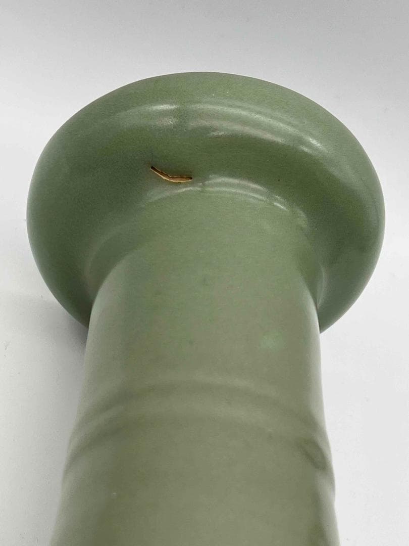 南宋時代 龍泉窯 梅子青 青磁弦文盤口瓶 花入 花瓶 茶道具(