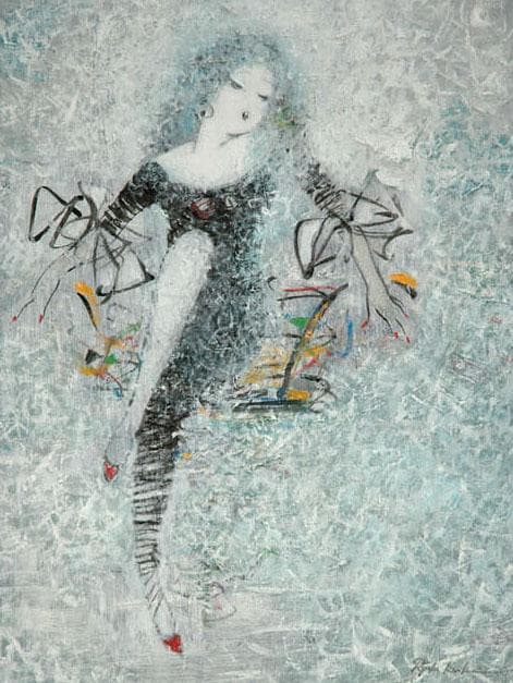 油絵 菅家令子 絵 絵画インテリア額付(青緑＋金色の枠)uF6-010711女性