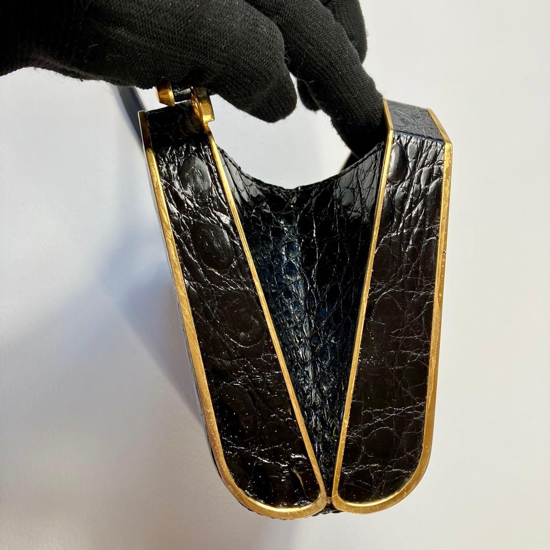 リアル　クロコダイル　クラッチ　パーティーバッグ　 アンティック　ゴールドトリム