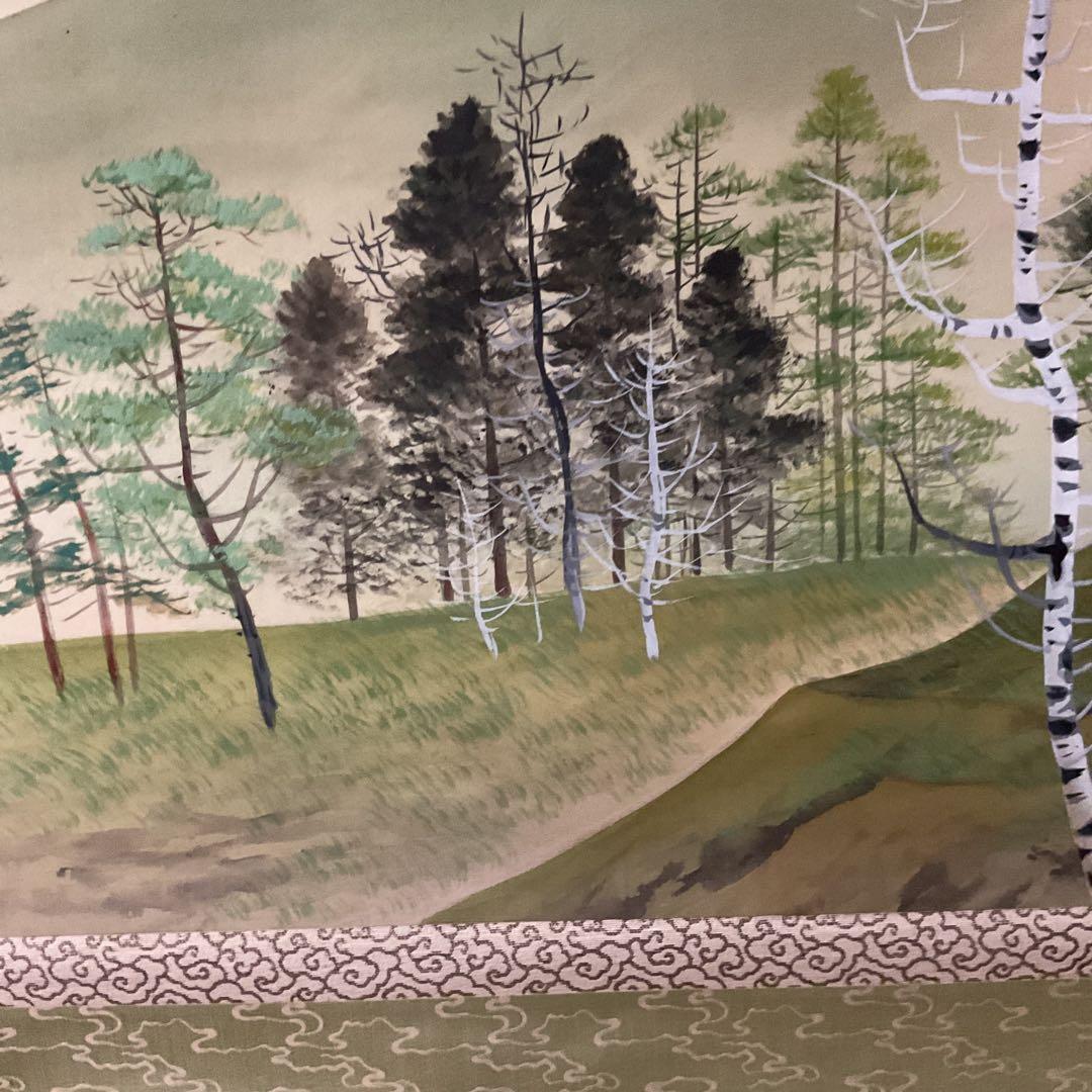 絹本彩色風景画 作者 落款印譜在 不詳 軸先 プラ軸 補修