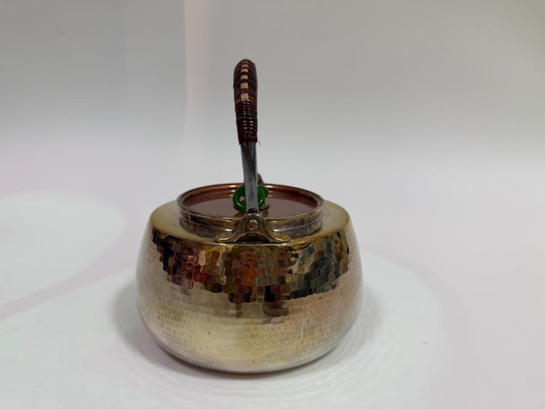 純銀製 鎚目打 丸形 三環摘 湯沸 銀瓶 煎茶道具