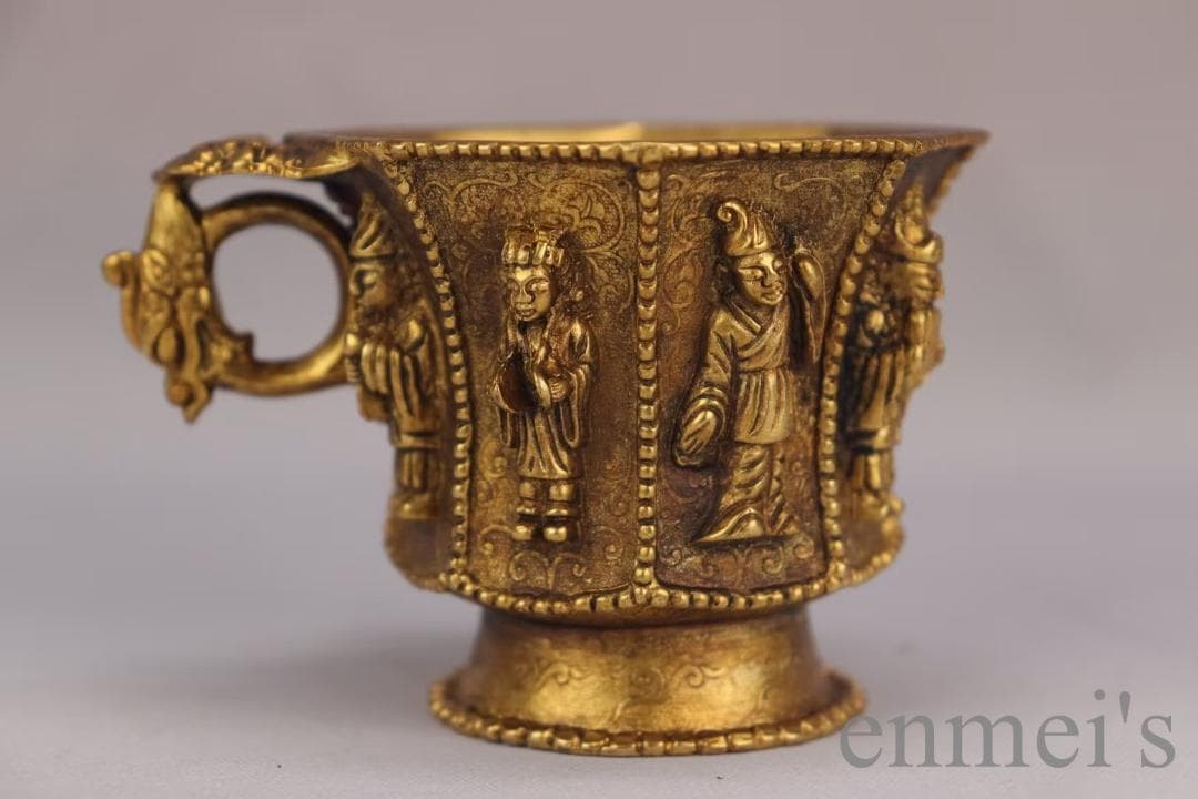 中国古美術 旧蔵 唐代 大唐貞觀款 鍍金銅酒杯 八仙紋