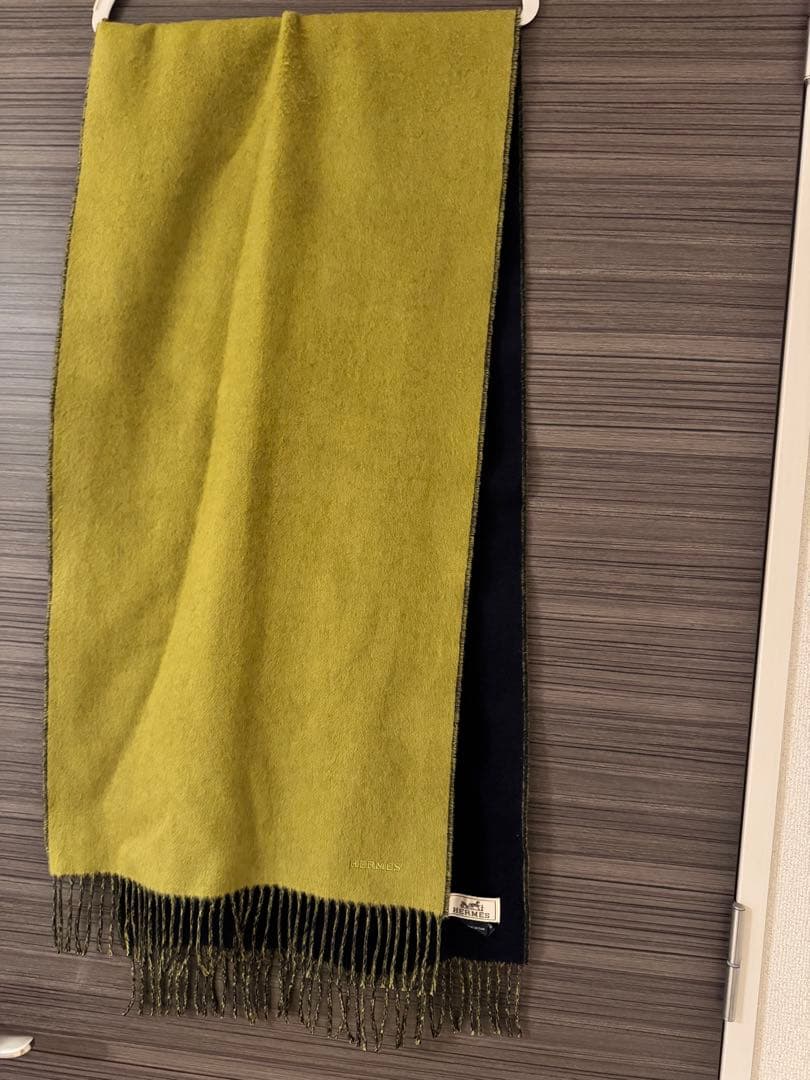 HERMÈS カシミヤマフラー オリーブグリーン/ネイビー