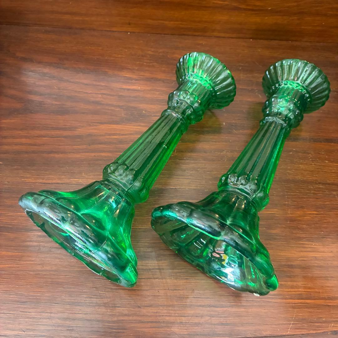 貴重！20's〜30's アメリカアンティーク燭台キャンドル グリーンガラス2個
