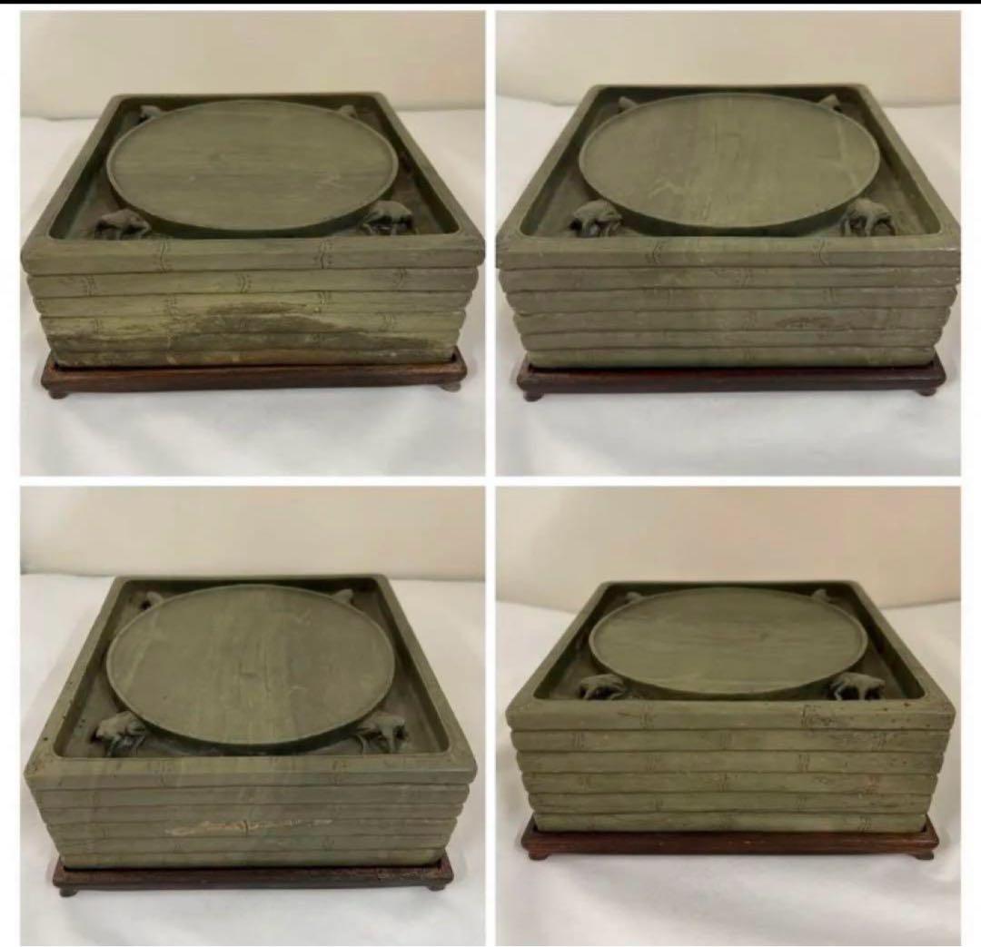 [極上品] 中国 古硯　清時代【費丹旭】在銘/緑端渓硯　蛙図　細密彫刻　書道具