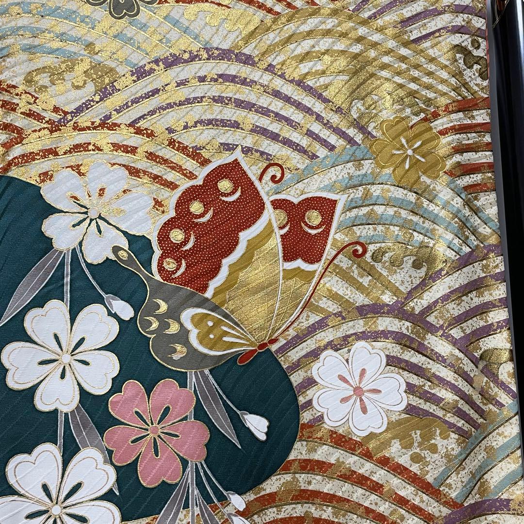 D414 振袖 枝垂れ桜 蝶 荒波 金駒刺繍 緑 正絹 着物 袷 極美品 - メルカリ