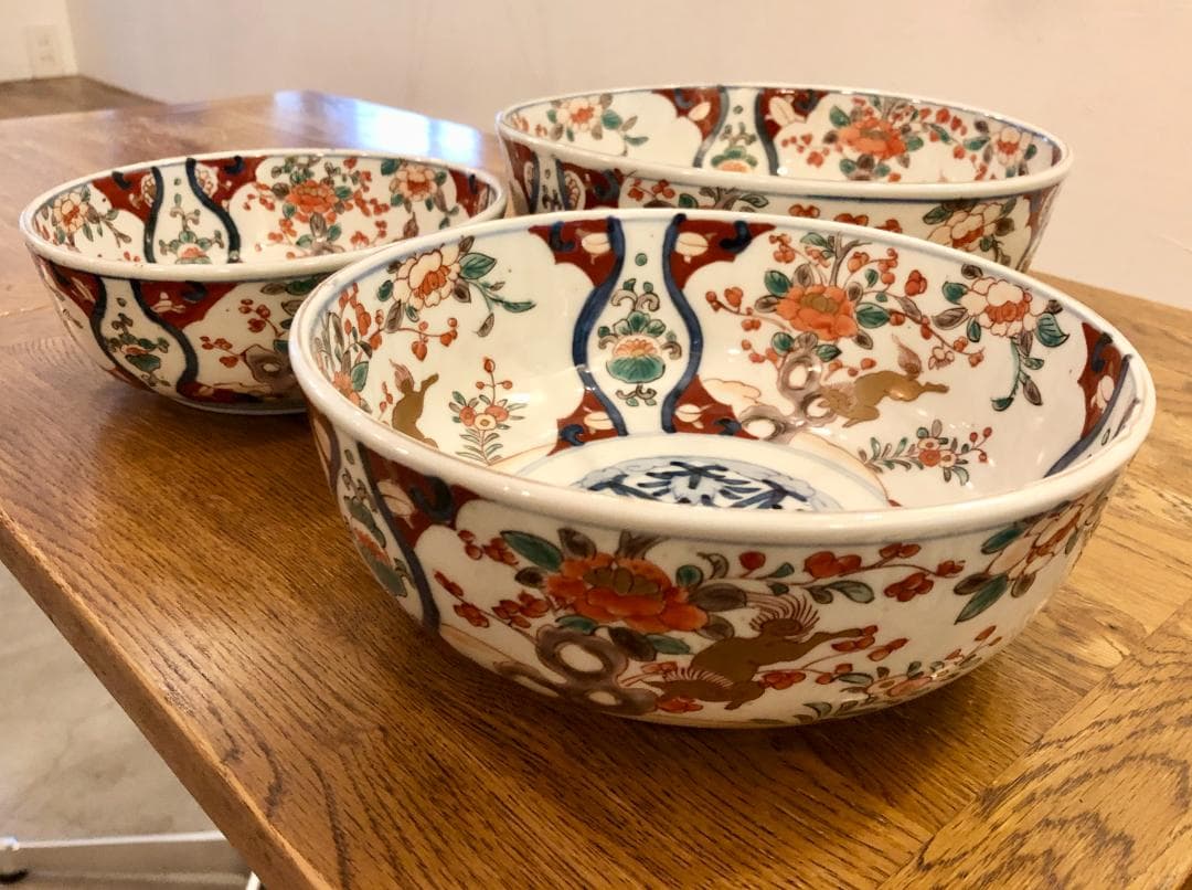 古伊万里 色絵 窓絵 三ツ鉢 三つ組鉢 二重高台 江戸末期 生活