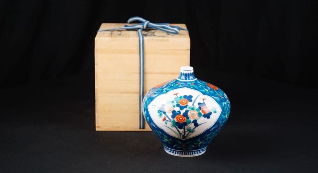 池田喜与太 作 視行窯 喜左衛門 有田焼 染錦 花瓶 共箱 栞