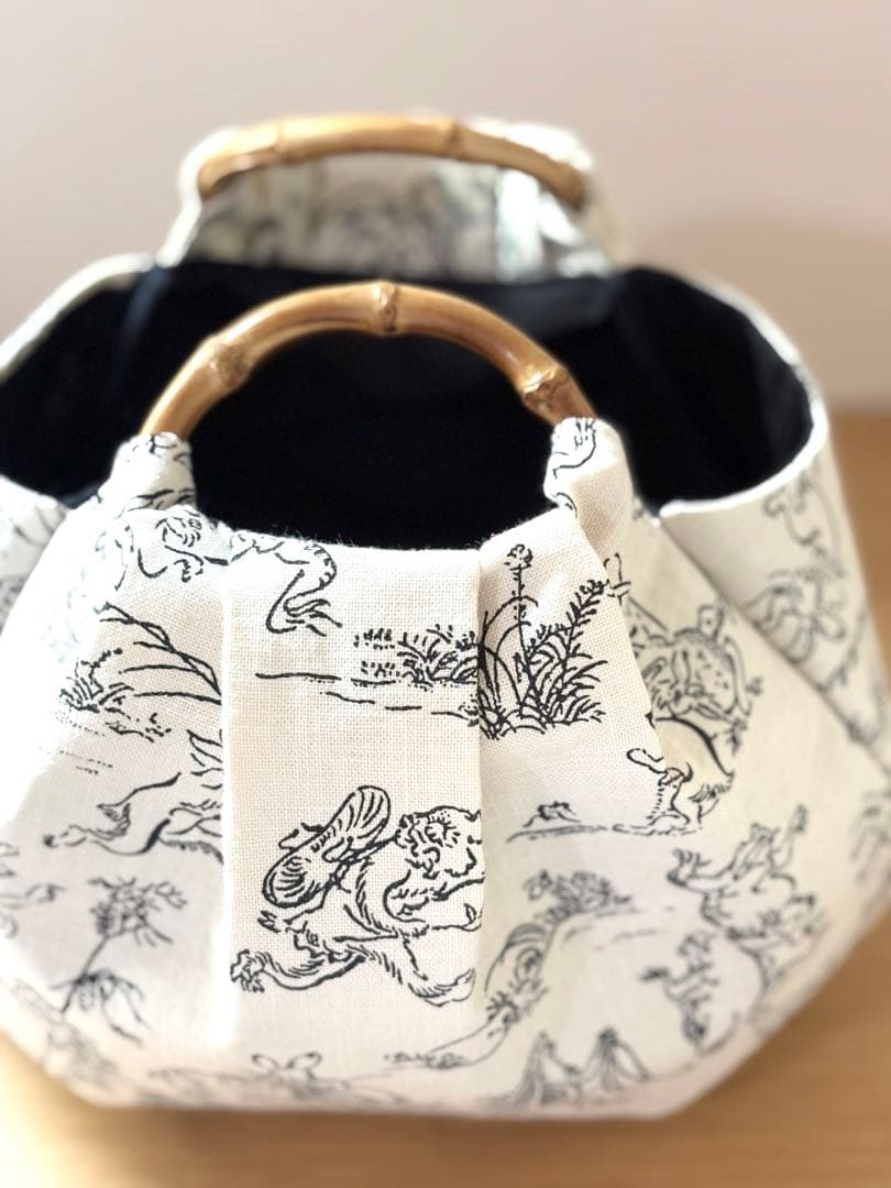 和装バック　着物バック和柄コットン生地・鳥獣戯画（アイボリー）入学卒業結婚式振袖