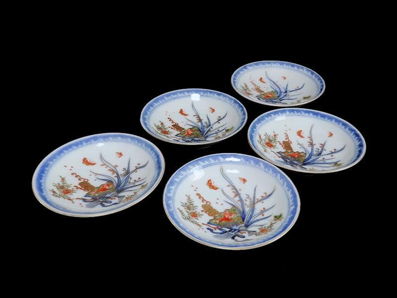 古伊万里 染錦 扇に蘭 蝶に撫子の図 4寸皿 5