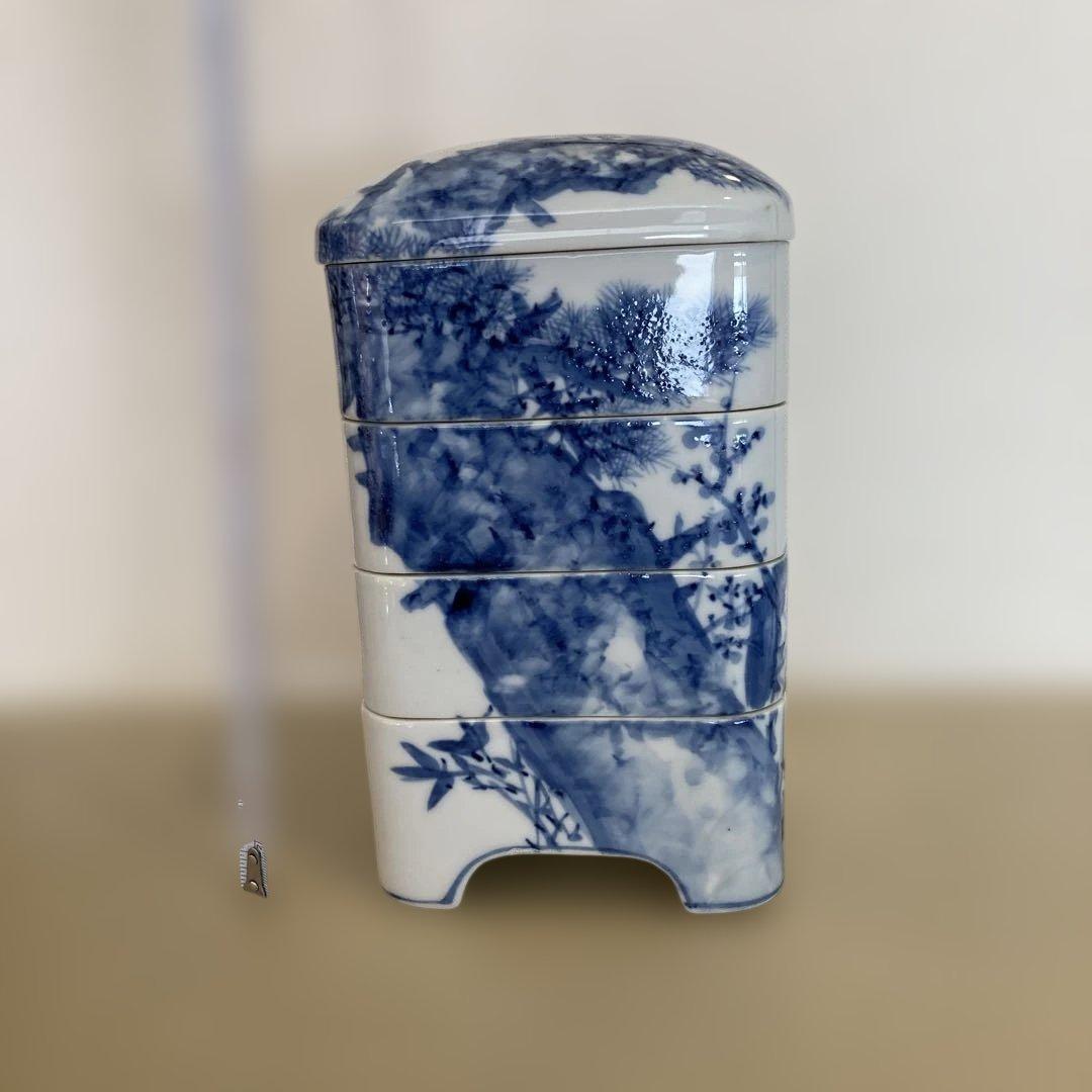 手描 染付 陶器重箱 松竹梅 鶴 四段重 骨董 レトロ 瀬戸焼 庄平窯 山田