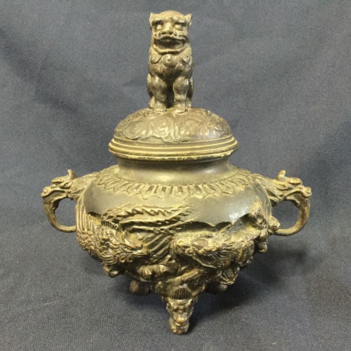 古銅香炉 鳳凰麒麟彫獅子香炉 大明宣徳年製銘 M