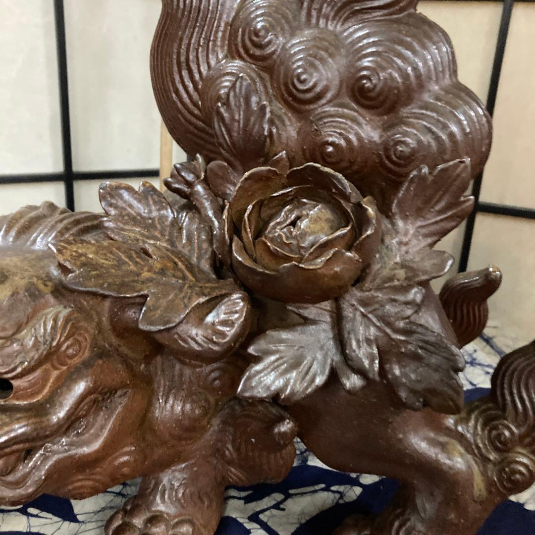 時代木製獅子 狛犬 一対 高さ：約44cm 木彫り 時代木製獅子 狛犬