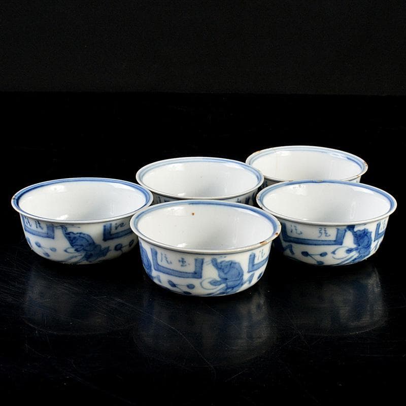 煎茶道具　青花染付　神獣文　煎茶器　五客　時代箱付　M　R7337