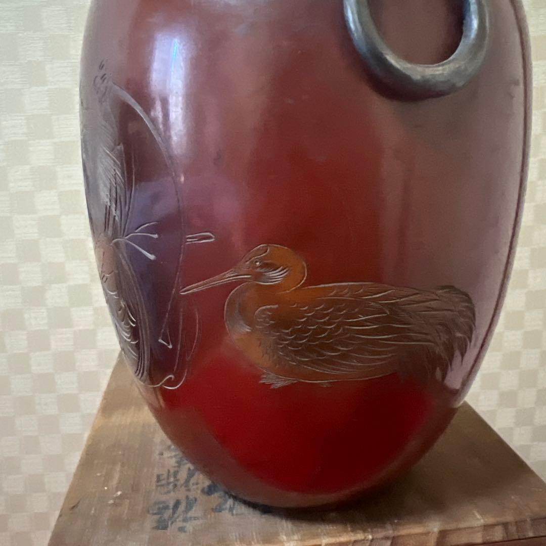 初代玉川堂　福禄寿片切彫　鎚起銅製花瓶　供箱