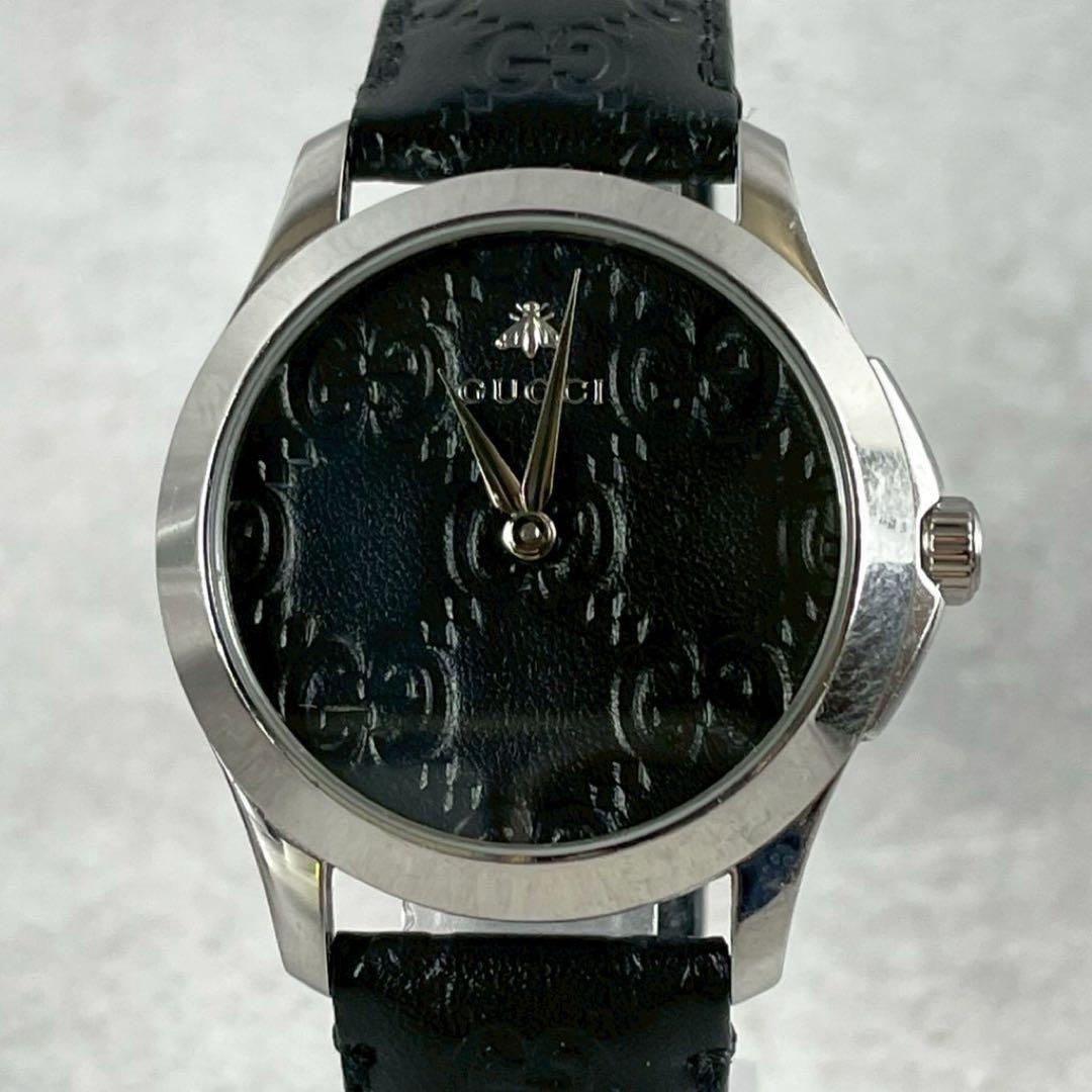 【正規品】GUCCI グッチ 腕時計 GG柄 ブラック シマレザー クォーツ 蜂