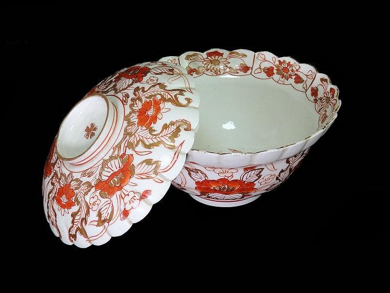 古伊万里 金襴手 輪花 花に柘榴の図 蓋付き深鉢 菓子