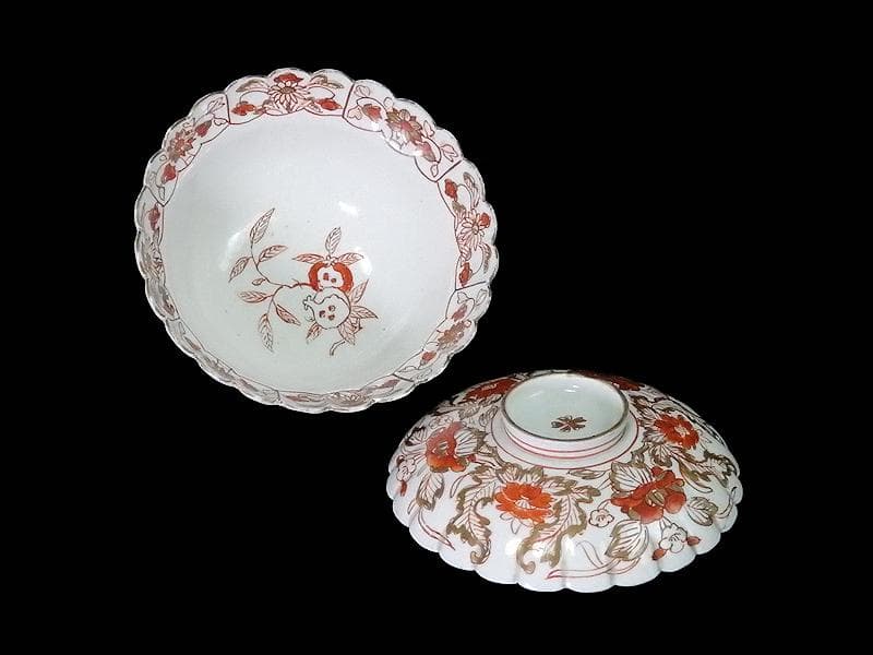 古伊万里 金襴手 輪花 花に柘榴の図 蓋付き深鉢 菓子