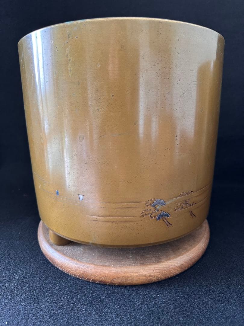 宣徳銅火鉢一対 三保の富士象嵌入れ 一対重量約6.6kg 共