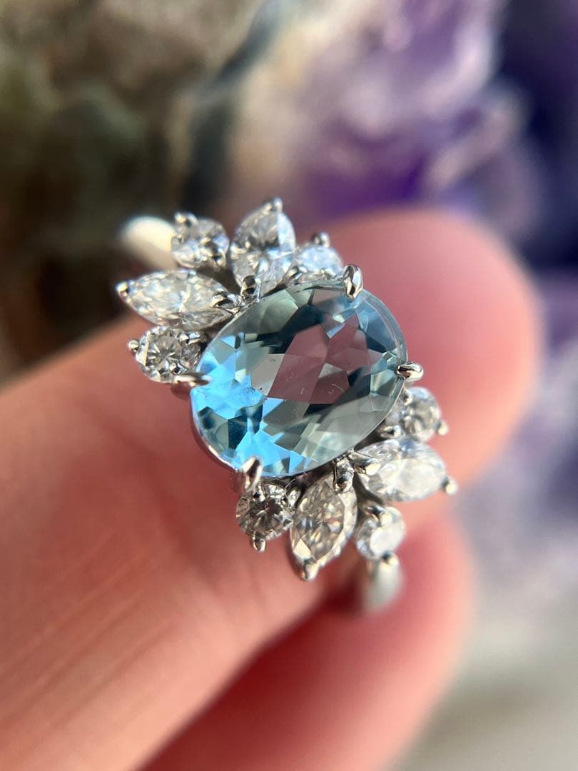 新品pt900アクアマリン0.97ctダイヤモンドリング指輪