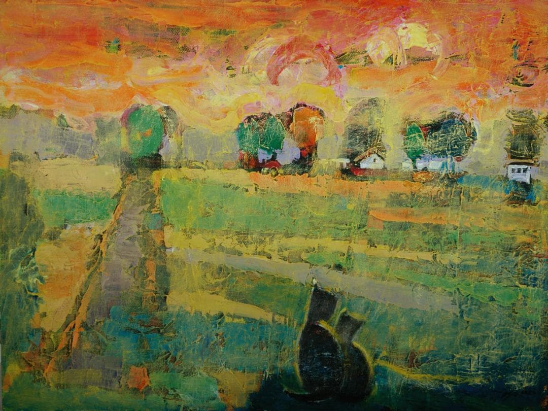 油絵 菅家令子 絵 絵画インテリア額付(黒)uF6-070919 夕朝陽 猫親子