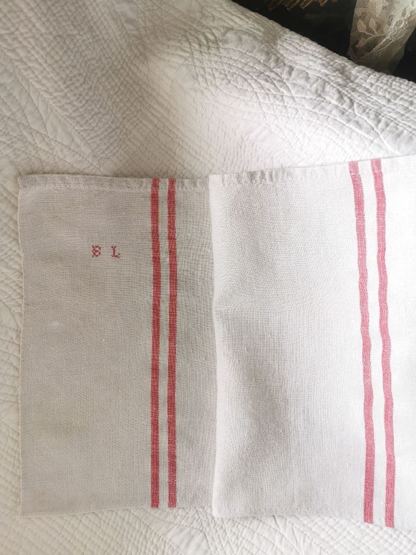 アンティークフランス ラスティック ホームスパンリネン イニシャル赤