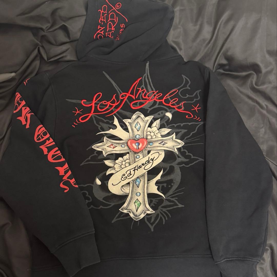エドハーディー 十字架デザイン パーカー スカル ジップパーカー