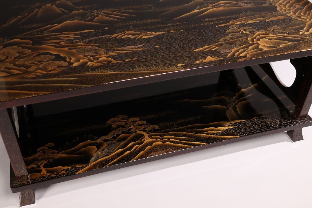 MA771】蒔絵師 久世宗春 研出山水蒔絵 上手 冠卓 二段卓 共