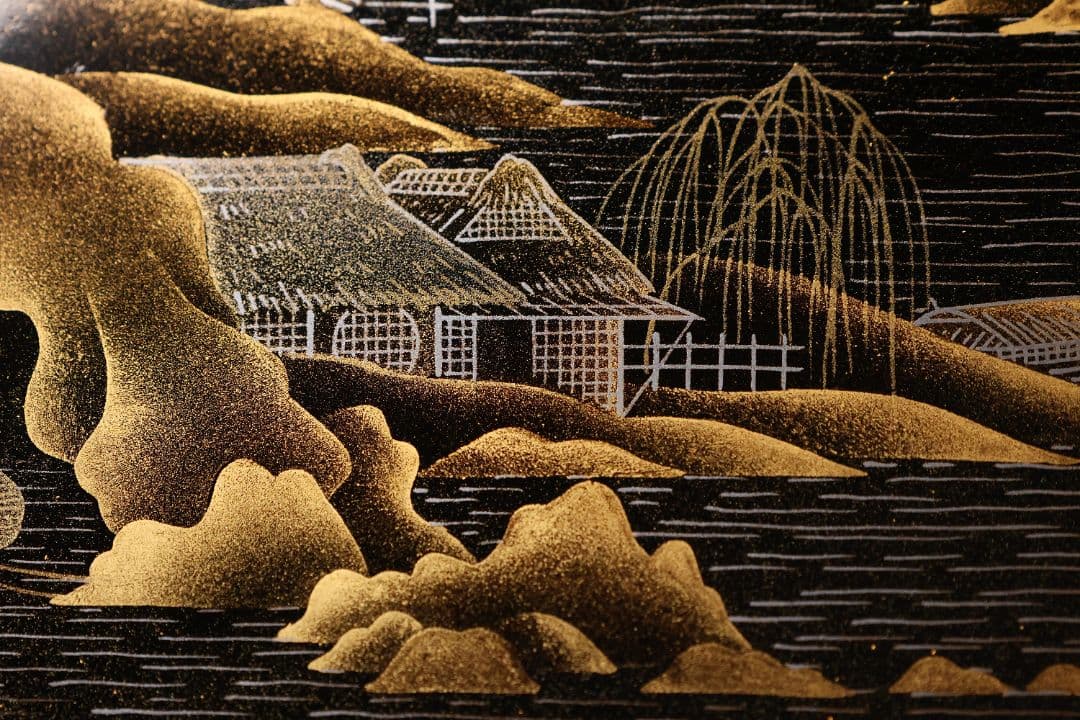 MA771】蒔絵師 久世宗春 研出山水蒔絵 上手 冠卓 二段卓 共