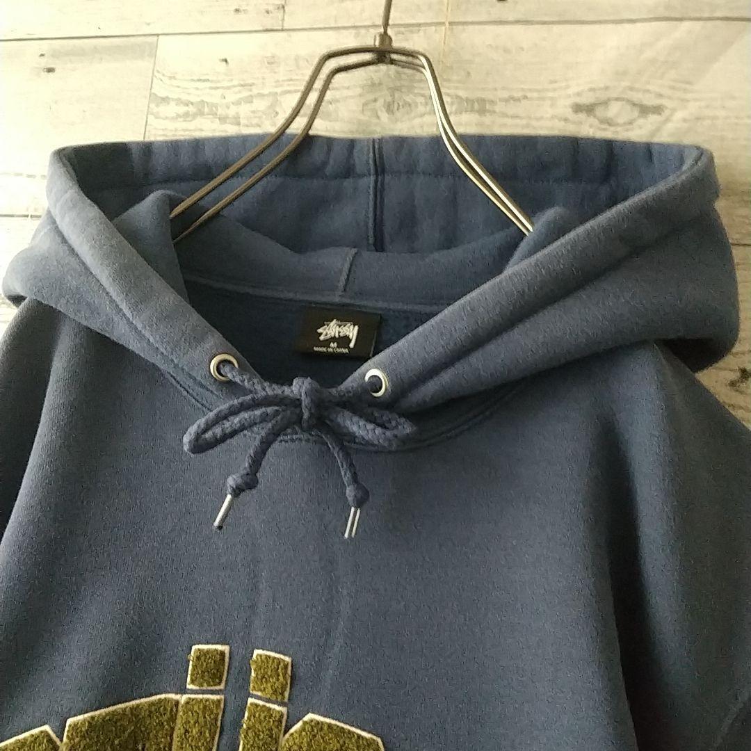 希少カラー☆ステューシー 刺繍 パイルロゴ アーチロゴ パーカー M～L相当 紺