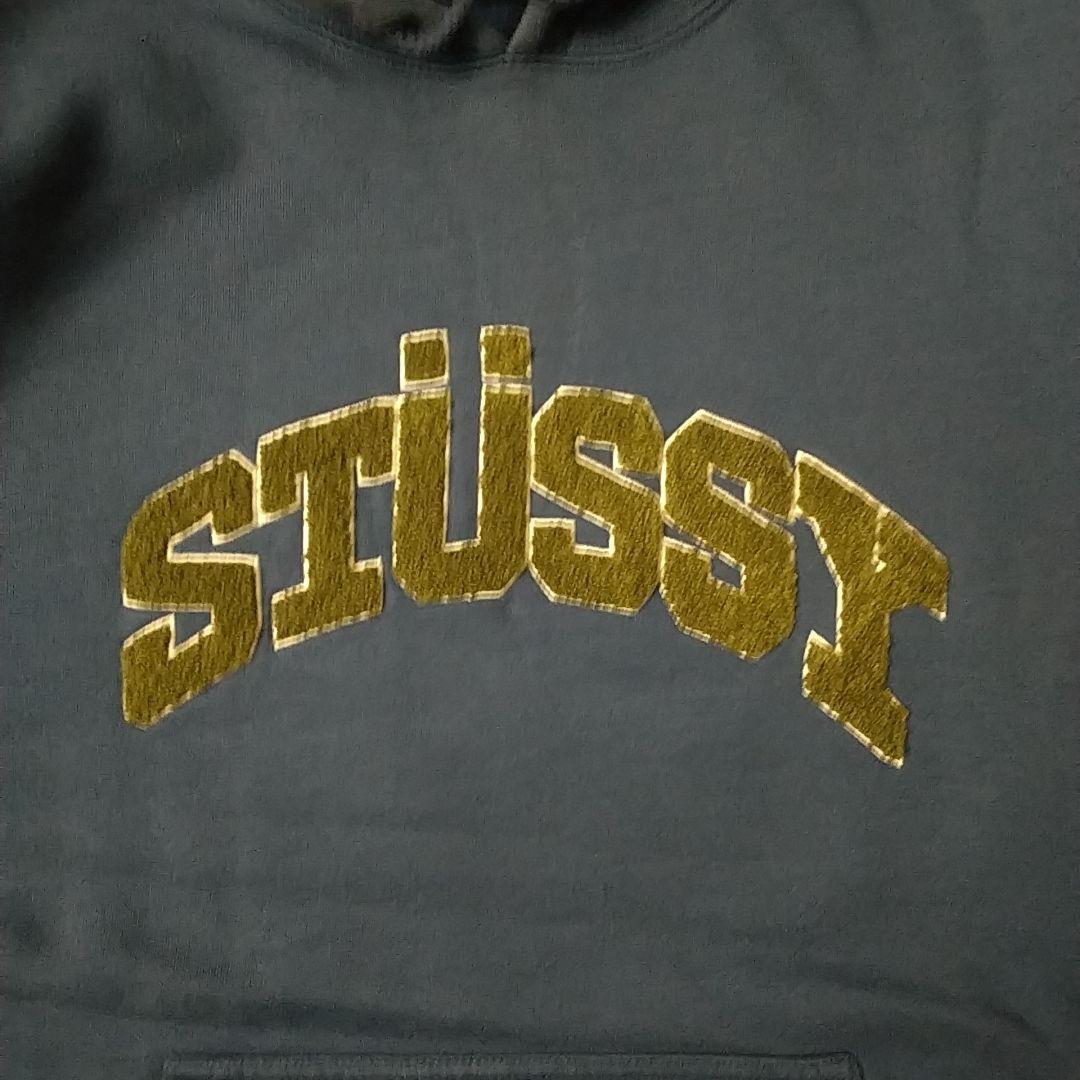 希少カラー☆ステューシー 刺繍 パイルロゴ アーチロゴ パーカー M～L相当 紺