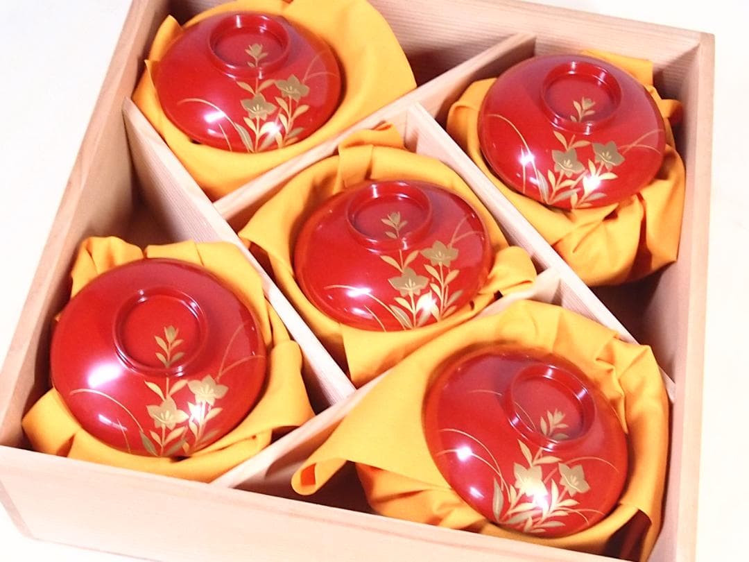 【美品】輪島塗 西久保田漆器店 朱塗 桔梗蒔絵 小吸物椀 5客 瓢型 漆器/食器