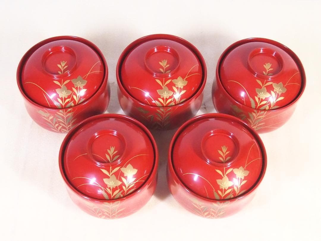 美品】輪島塗 西久保田漆器店 朱塗 桔梗蒔絵 小吸物椀 5客