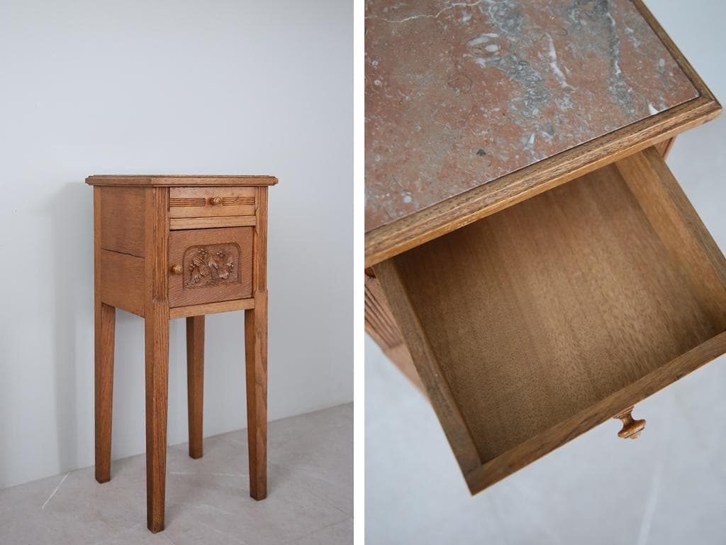 フランスアンティーク木製*大理石キャビネット/ナイトテーブル机(90-143-5