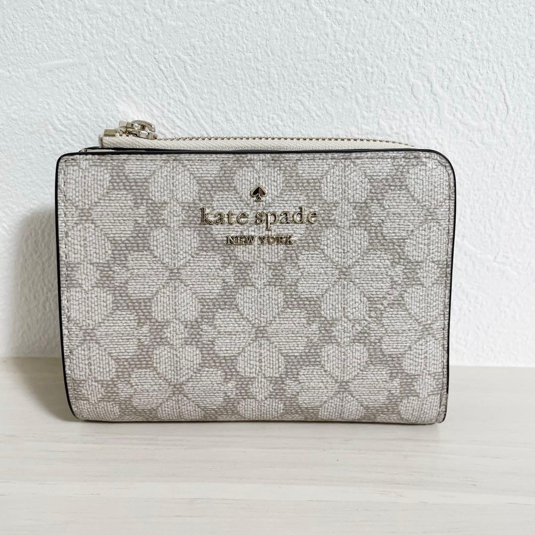 【新品未使用】ケイトスペード ダークベージュマルチフラワー Lジップ 二つ折り